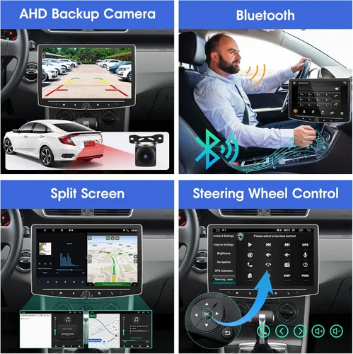 Vista 5 de [2G+64G] 10 pulgadas Android 13 pantalla táctil DIN simple coche estéreo giratorio Carplay Radio con cable/inalámbrico Carplay y Android Auto