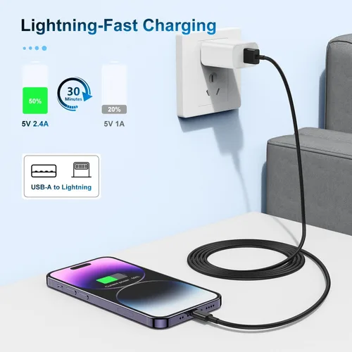 Vista 4 de Paquete de 3 cables de carga de 3 pies con certificación MFi de Apple, cable Lightning a USB, cable largo de carga rápida de 2.4 A, para iPhone Negro