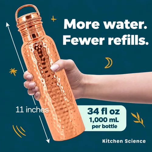 Vista 4 de Kitchen Science Botella de agua de cobre ayurvédica auténtica con asa (34 oz/1000 ml) Testada en laboratorio, a prueba de fugas Incluye fundas