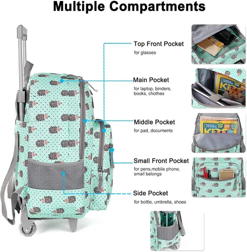 Vista 4 de Tilami Mochila rodante de 18 pulgadas con doble asa con bolsa de almuerzo con ruedas para niños
