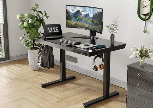 Vista 2 de Claiks Escritorio de pie pequeño de cristal con cajones y puertos USB 32x19 negro