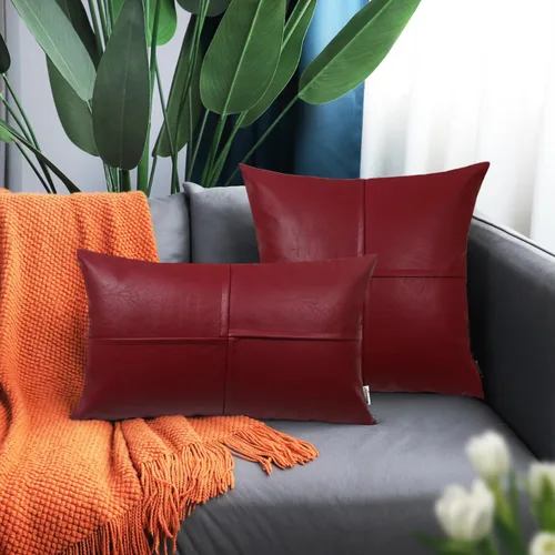 Vista 3 de BRAWARM Fundas de almohada de cuero sintético de 16 x 16 pulgadas, paquete de 2 fundas de almohada de cuero rojo profundo, fundas de almohada