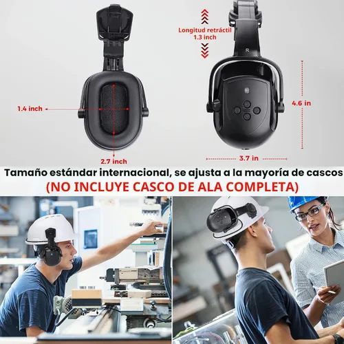 Vista 5 de BJKing Orejeras para casco duro con Bluetooth, NRR 28dB, orejeras ajustables montadas en la tapa, orejeras acoplables para casco