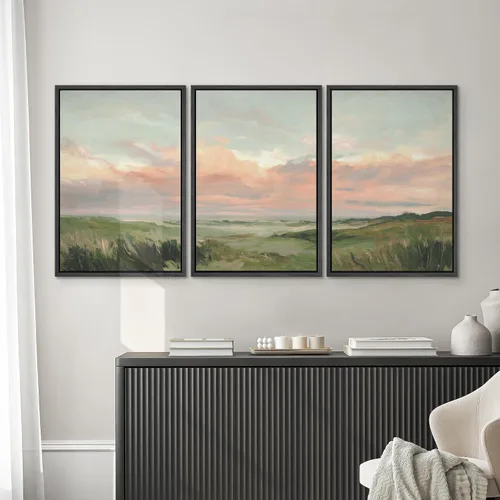 Vista 150 de SIGNWIN Lienzo enmarcado para pared, juego de arte pastel con cadena montañosa, bosque, niebla, naturaleza silvestre, ilustraciones modernas, arte
