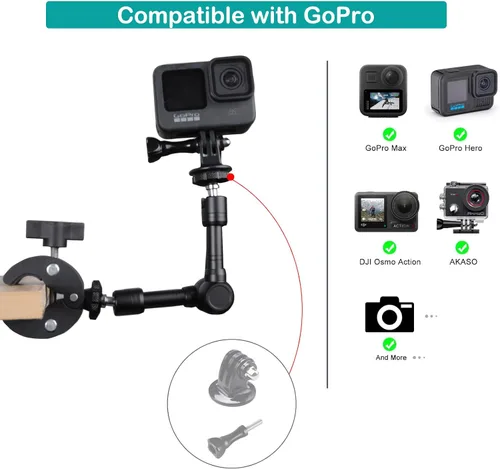 Vista 5 de PellKing Abrazadera de doble abrazadera para cámara, con brazo mágico de 360°, adaptador doble de 1/4 "-20 para paraguas, poste, escritorio
