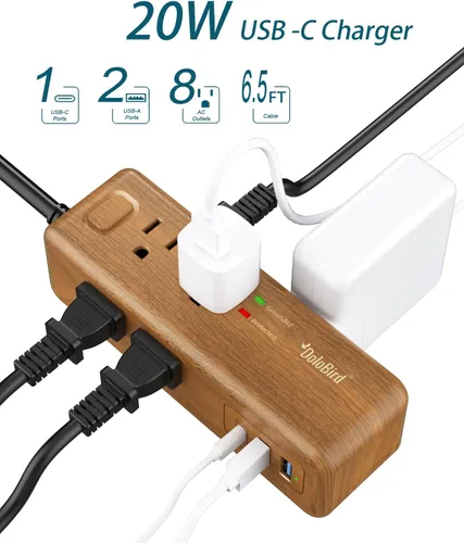 Vista 4 de Regleta de alimentación con 8 tomacorrientes con 2 puertos USB-A+1USB-C, estación de carga, cable de extensión larga, enchufe plano en ángulo recto