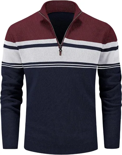 Vista 31 de MAGCOMSEN Suéteres de algodón con cremallera de 1/4 para hombre, suéter tipo polo, a rayas, para otoño e invierno, sudaderas cálidas