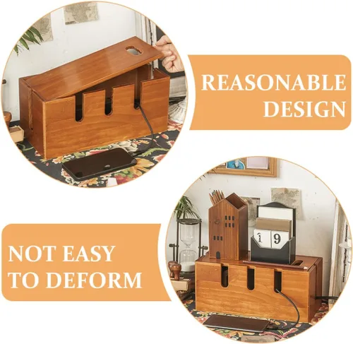 Vista 3 de Wooden Cable Organizer Box with Router Cover and Charger Cord Organizer for Desk Power Strip Management, Natural Wood Cord Management for Home