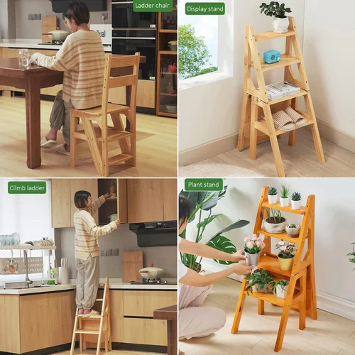 Vista 5 de Silla de escalera plegable de madera, taburete y silla 2 en 1, estilo rústico, perfecta para comedor, uso en interiores y exteriores, capacidad