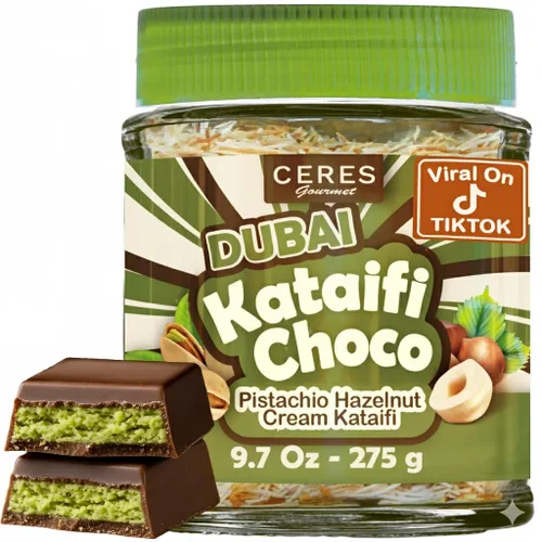 Vista 11 de Dubai - Tarro de chocolate negro para untar de 9.7 onzas con crema de pistacho, Kataifi crujiente