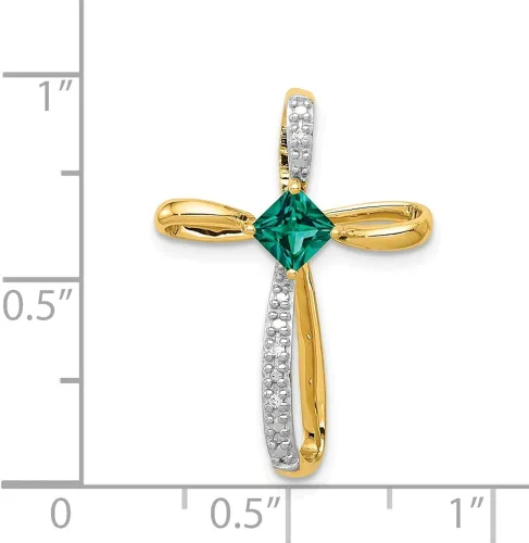 Vista 4 de Colgante de oro amarillo sólido de 14 quilates con gema de mayo verde esmeralda y cruz de diamante.