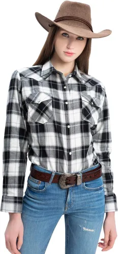 Vista 20 de PASHARTUK Camisas occidentales para mujer, camisas de manga larga de algodón para mujer con botones a presión, camisas a cuadros para mujer Beige