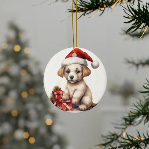 Vista 3 de DistinctInk Adorno colgante de cerámica para árbol de Navidad con cuerda dorada, gran regalo/regalo, 2 3/4 pulgadas de diámetro, diseño de dibujo