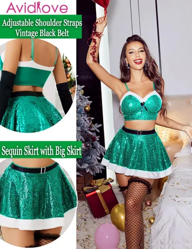 Vista 3 de Avidlove Conjunto de lencería de Navidad para mujer, lencería de Papá Noel, disfraz de lentejuelas, ropa de dormir