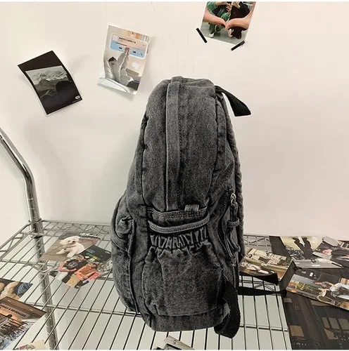 Vista 8 de Mochila de mezclilla vintage para mujeres y hombres, linda mochila Y2k Jeans Bookbag Preppy Moda Viaje Retro Mochila de hombro, Negro -, Mediana