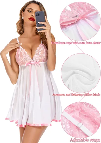 Vista 4 de Avidlove - Conjunto de lencería tipo camisón de encaje y malla para mujer