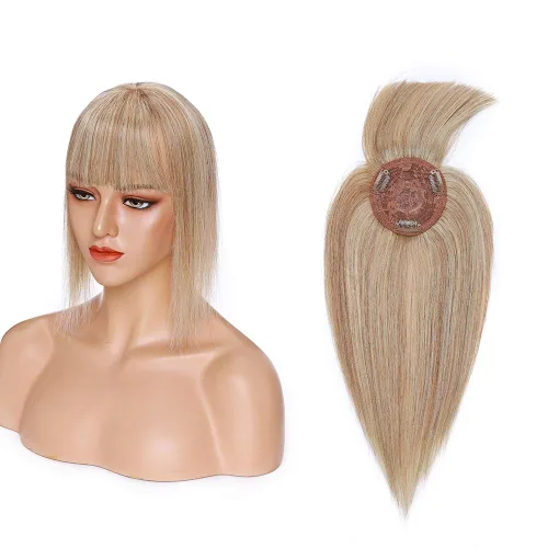 Vista 22 de MY-LADY Top Hairpieces para mujer con flequillo, base mono natural, 100% cabello humano real, clip en pieza de cabello lacio en medio para pérdida