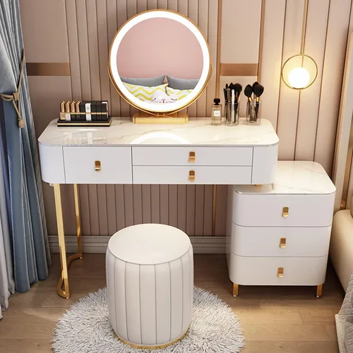 Vista 8 de Tocador, tocador de maquillaje con taburete acolchado, tocador con espejo iluminado LED y mesa auxiliar, mesa de maquillaje con 3 cajones