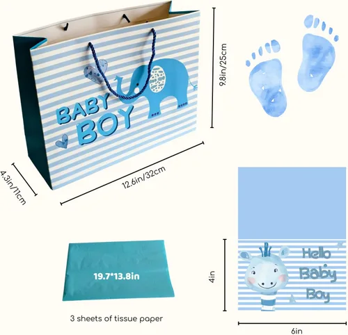 Vista 2 de DiffyGo Bolsa de regalo de bebé grande de 13 pulgadas para baby shower con papel de seda y tarjeta (azul)