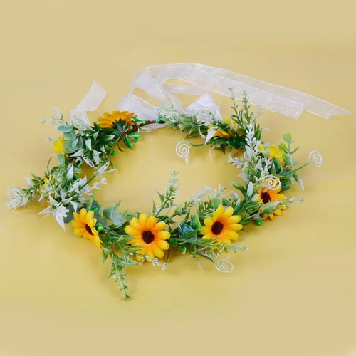 Vista 7 de WOVOWOVO Coronas de girasol para niñas y mujeres, corona de hojas de margarita nupcial, accesorios para el cabello de novia, corona floral con cinta