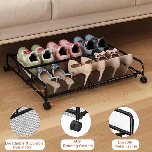 Vista 7 de Organizador de almacenamiento de zapatos debajo de la cama, contenedores de almacenamiento de malla metálica debajo de la cama con ruedas