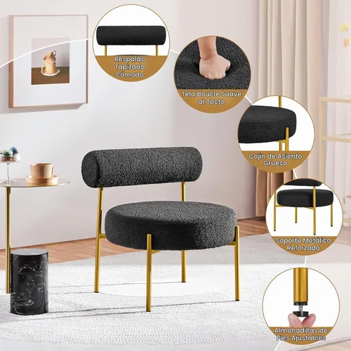 Vista 6 de Yaheetech Silla de tocador moderna acolchada con patas doradas para dormitorio, sala de maquillaje, oficina en casa, negro