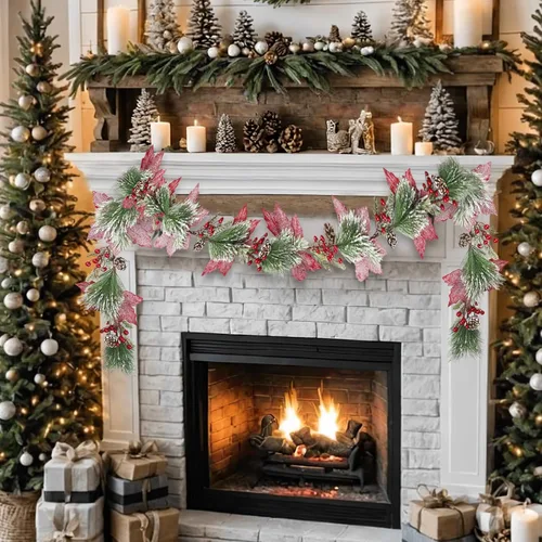 Vista 7 de CISDUEO - Guirnalda de Navidad Artificial de Flores de Nochebuena Poinsettia, Guirnalda de Bayas Rojas Artificiales con Piñas para Chimenea, Mantel