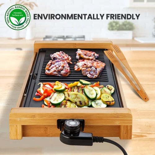 Vista 5 de NutriChef Parrilla de interior sin humo para el hogar, parrilla eléctrica antiadherente, bambú desmontable, control de temperatura, perilla