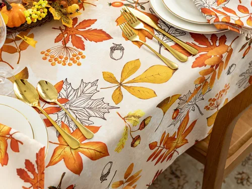Vista 6 de YiHomer Colección de mesa de Acción de Gracias de otoño para decoración de cocina, comedor, fiestas, cosecha, hojas de otoño, mantel, rectangular