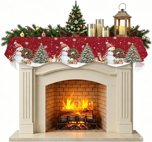 Vista 14 de Daleng Bufanda de repisa de camión de Navidad con muñeco de nieve para chimenea, 60 x 17 pulgadas, árbol de Navidad, copos de nieve, ciervos, verde