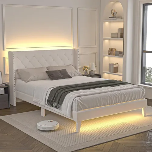 Vista 7 de Lihimte Marco de cama tamaño matrimonial con luces LED, base de cama plataforma tapizada en terciopelo con cabecero y estribo abotonado, soporte