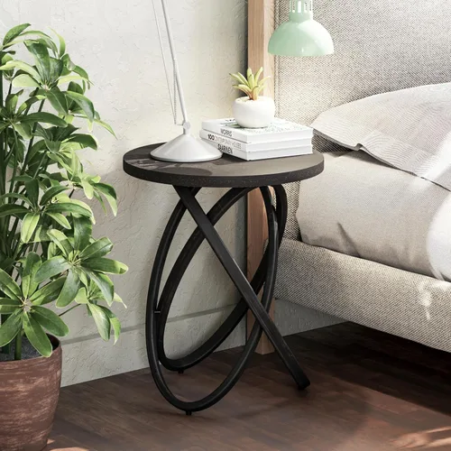 Vista 5 de COZAYH Mesa auxiliar redonda estilo granja de madera, mesa lateral rústica soporte para plantas con diseño de líneas entrelazadas para sala de Negro