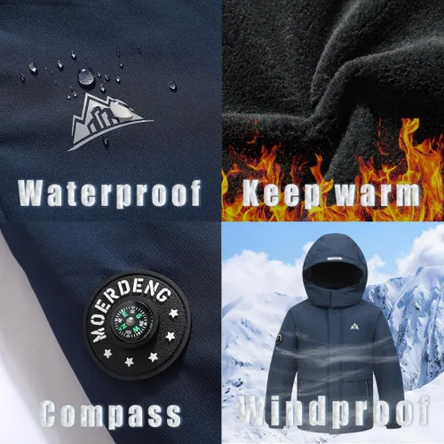 Vista 5 de MOERDENG Chaqueta impermeable con capucha para niños y niñas, chaqueta de invierno cálida para snowboard y rompevientos con capucha