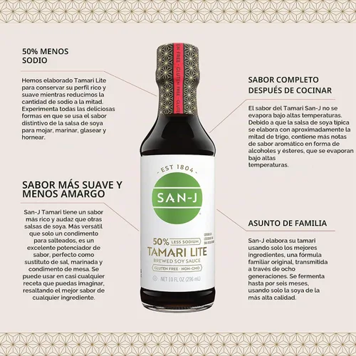 Vista 4 de San-J - Salsa de soja tamari ligera sin gluten con 50% menos sodio - Hecha con 100% soja - Especialmente elaborada - Botella de 10 fl oz