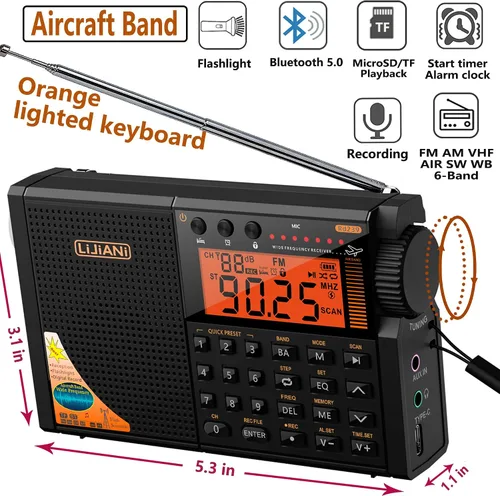 Vista 2 de Radio de onda corta AIR/VHF/AM/FM/SW/Transistor de bandas meteorológicas con linterna, retroiluminación de tecla, registro digital, reloj