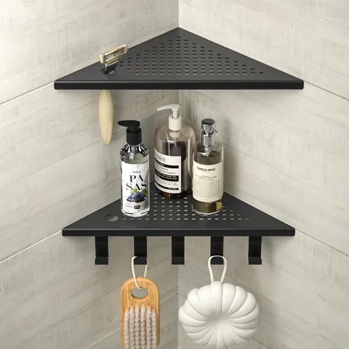 Vista 8 de Estantes de ducha con ganchos, estante esquinero de baño de acero inoxidable 304 para pared de azulejos (cepillado, 10 pulgadas)