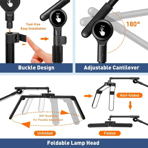 Vista 2 de KIRKAS Luz de media luna para extensiones de pestañas, tatuadores, luz LED de tecnología de pestañas mejorada con base rodante de 4 ruedas, lámpara