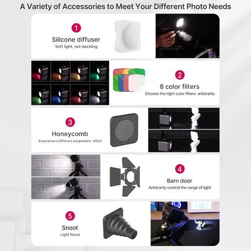 Vista 5 de ULANZI Luz de video LED impermeable IP68 Kit de iluminación de cámara Mini cubo con 8 filtros de gel de color, luz de fotografía de relleno portátil