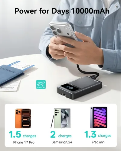 Vista 5 de MOKiN Cargador portátil de carga rápida de 40 W para Samsung iPhone Android, 10000 mAh 3 en 1 banco de energía con enchufe de pared, cable USB-C