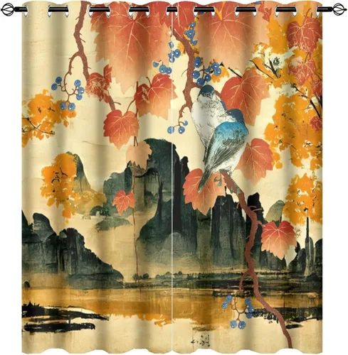 Vista 17 de Cortinas opacas para oscurecer la habitación con ojales, diseño de flores japonesas con ojales, arte retro de primavera y ramas florales, arte
