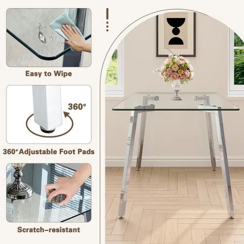 Vista 5 de Juego de mesa de comedor de cristal para 4, mesa rectangular con 4 sillas de cocina de cuero blanco, juego de comedor de cocina de 51 pulgadas, mesa