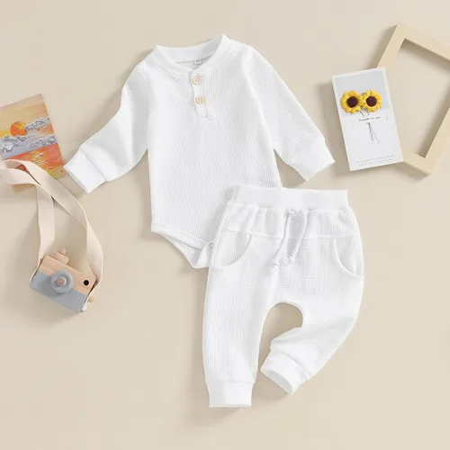 Vista 6 de Muasaaluxi Ropa para bebé recién nacido, manga larga, diseño de gofre, enterizo, pantalones deportivos, trajes de otoño de 3, 6, 9, 12 meses