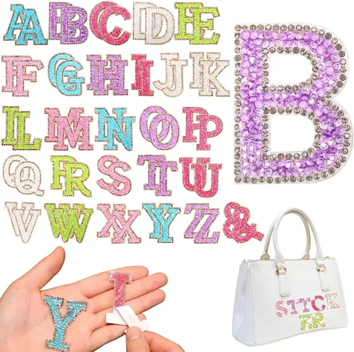 Vista 9 de Yinder 26 piezas de pegatinas de letras con purpurina y diamantes de imitación, diamantes de imitación para planchar, letras autoadhesivas A-Z Negro