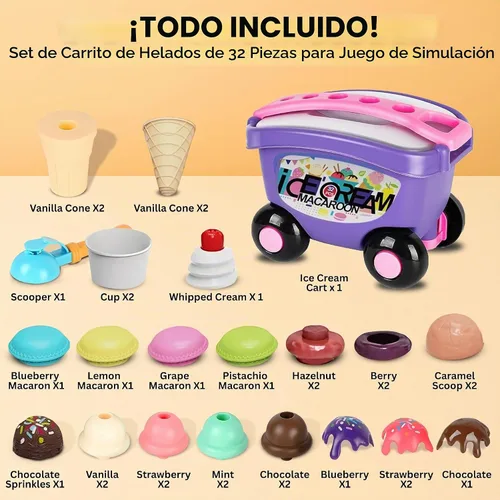 Vista 6 de Juego de 32 carros de helados para niños pequeños, juego de postre de macarrón, accesorios de cocina, carrito de helados
