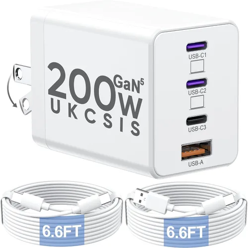 Vista 9 de Bloque de cargador USB C de 200 W, cargador plegable GaN5 súper rápido de 4 puertos USB C, bloque de carga dual de 65 W tipo C, adaptador de carga
