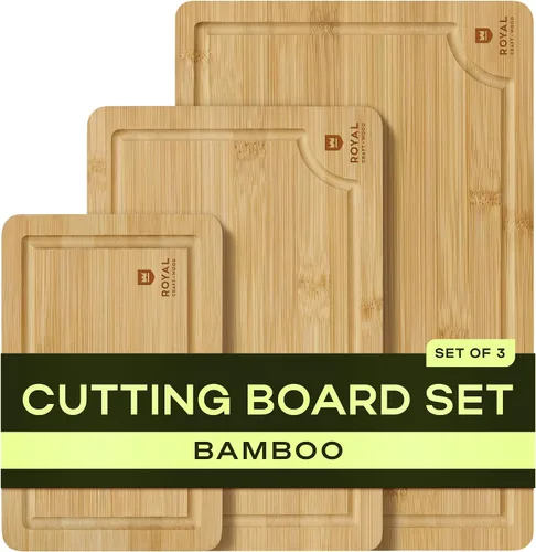 Vista 22 de ROYAL CRAFT WOOD Tablas de cortar de madera para preparar comidas de cocina y servir – Juego de tablas de cortar de bambú no tóxicas con asas Marrón
