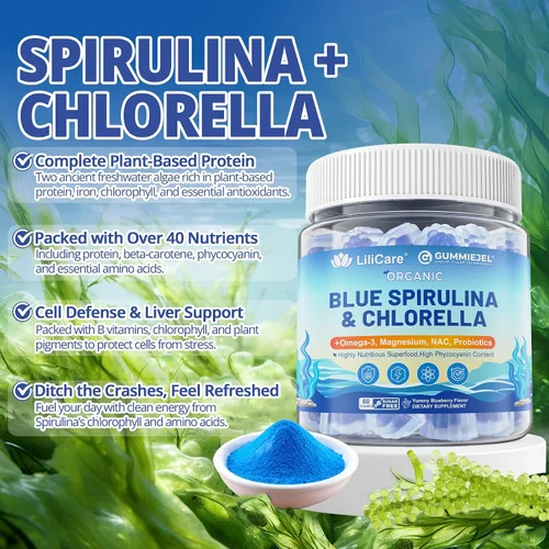 Vista 3 de Gomitas orgánicas de espirulina azul Chlorella, superalimentos y excelente fuente de alta ficocianina vegana, clorofila, complejo B, minerales