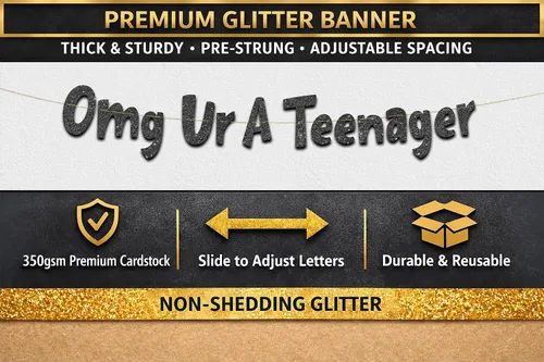 Vista 3 de Cartel OMG con purpurina negra Ur A Teenager pre-encordado, decoraciones de cumpleaños número 13 para niños y niñas, suministros y regalos