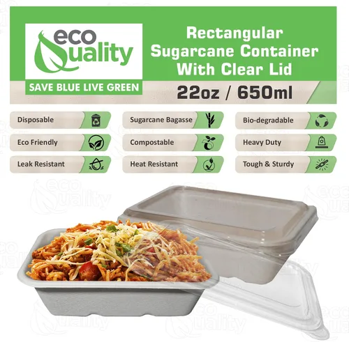 Vista 2 de EcoQuality Cuencos desechables de 22 onzas con tapas transparentes, cuencos rectangulares de papel biodegradable de fibra de caña de azúcar