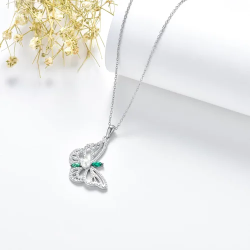 Vista 6 de Zoeniya Collares de mariposa para mujeres y niñas, joyería de plata de ley, collar de perlas cultivadas de agua dulce con circonita cúbica, regalo
